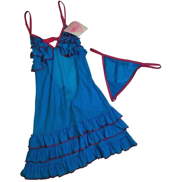 Babe Babydoll Lingerie Womens Small Blue Pink Ruffle Sheer Chemise Set Bow - Picture 1 of 6